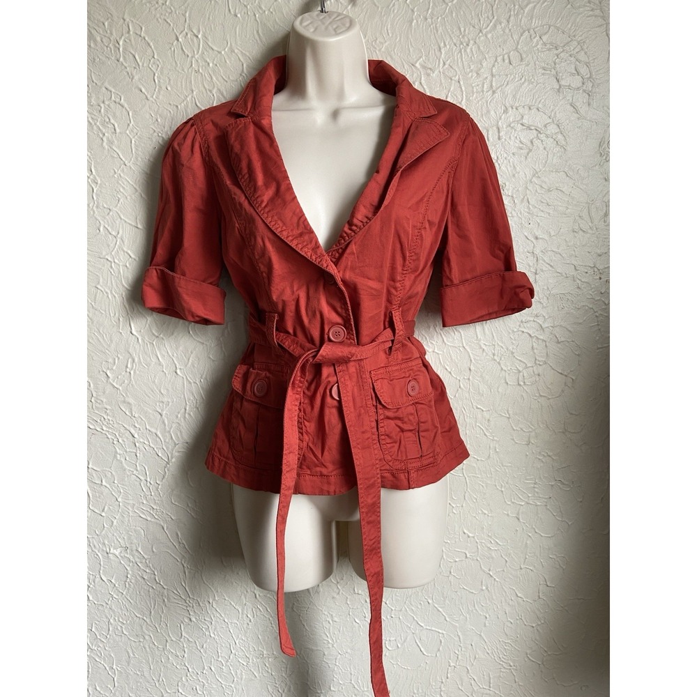Women's Y2K Orange Short Sleeve Button Down Shirt with Belt Size Medium